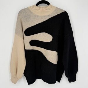 LE LIS ABSTRACT CREAM BLACK FUZZY MOCK NECK SWEATER NWT SMALL